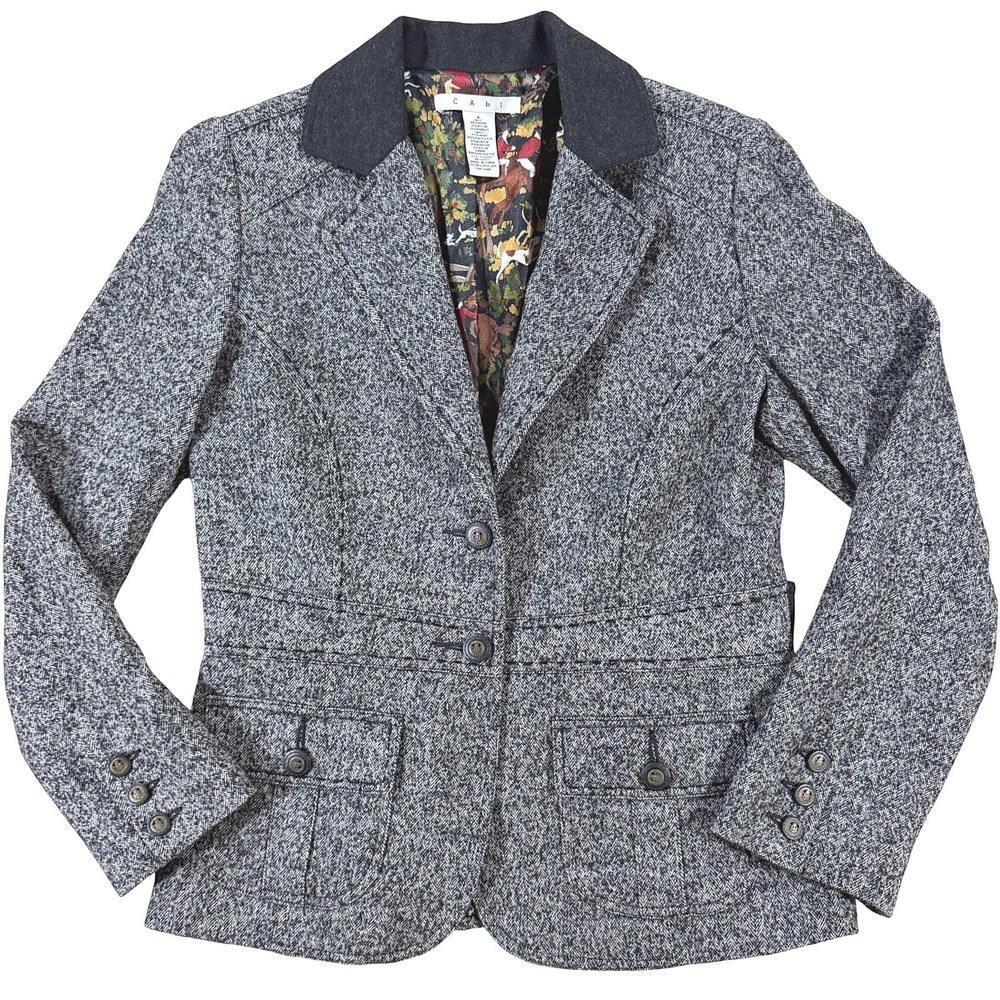 Equestrian Tweed Riding Jacket Cabi Women 8 Wool Blend Gray Herringbone Fox Hunt